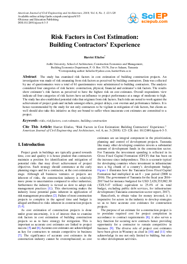 (PDF) Risk Factors in Cost Estimation: Building Contractors’ Experience