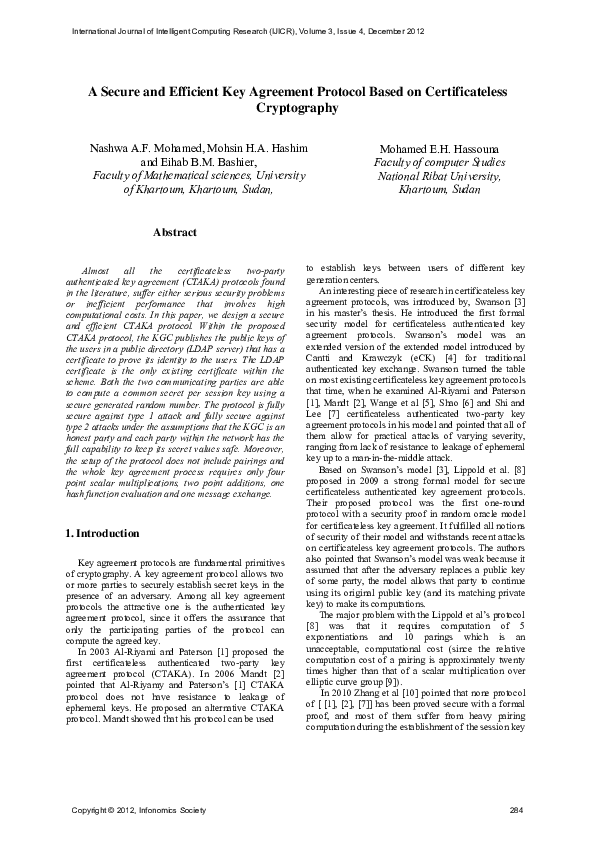 (PDF) A Secure and Efficient Key Agreement Protocol Based on ...