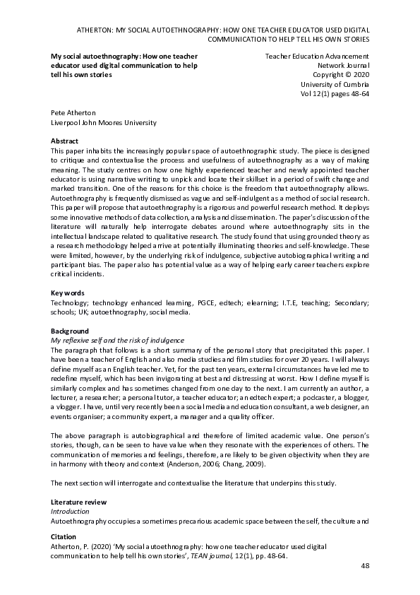 (PDF) My social autoethnography: How one teacher educator used digital ...