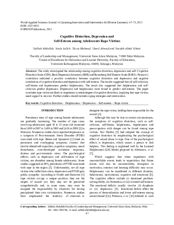 (PDF) Cognitive Distortion, Depression and Self-Esteem among ...