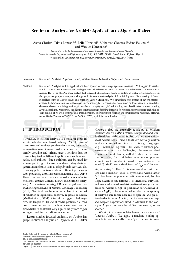 (PDF) Sentiment analysis for Arabizi text