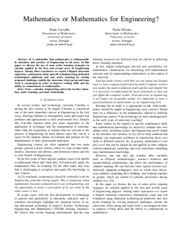 (PDF) Mathematics or Mathematics for Engineering?