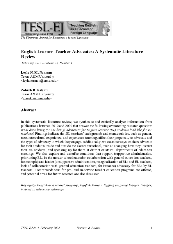 (PDF) English Learner Teacher Advocates: A Systematic Literature Review