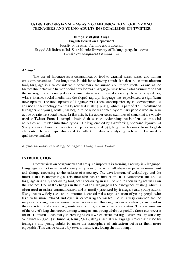 (PDF) USING INDONESIAN SLANG AS A COMMUNICATION TOOL AMONG TEENAGERS ...