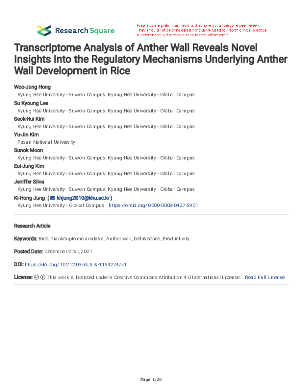 (PDF) Transcriptome Analysis of Anther Wall Reveals Novel Insights Into ...