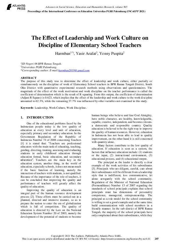 (PDF) The Effect of Leadership and Work Culture on Discipline of ...