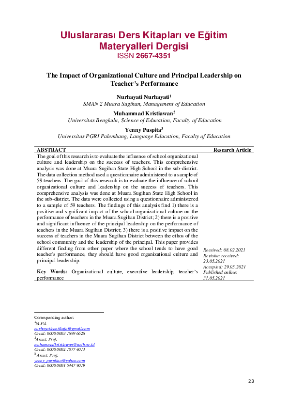 (PDF) The Impact of Organizational Culture and Principal Leadership on ...