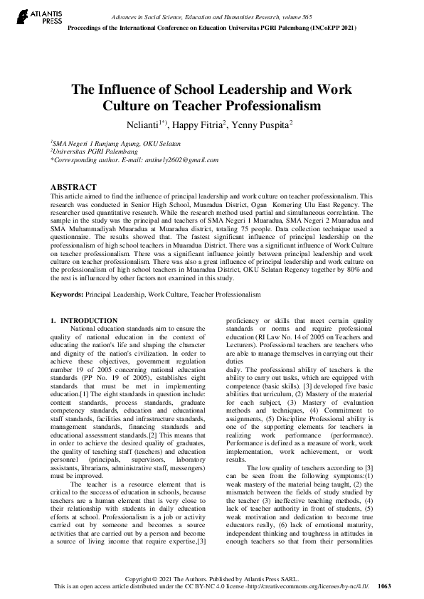 (PDF) The Influence of School Leadership and Work Culture on Teacher ...