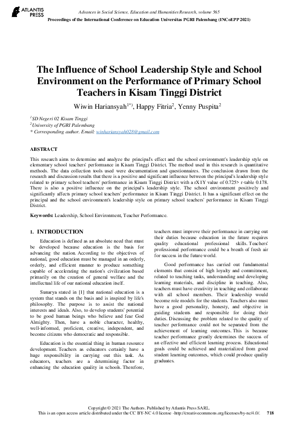 (PDF) The Influence of School Leadership Style and School Environment ...