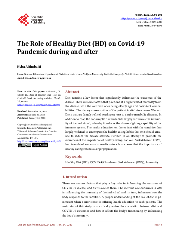 (PDF) The Role of Healthy Diet (HD) on Covid-19 Pandemic during and after