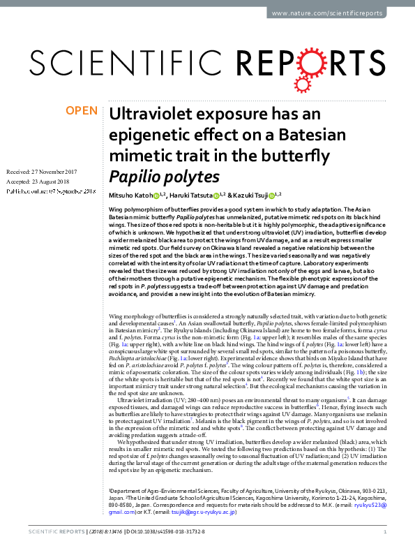 (PDF) Ultraviolet exposure has an epigenetic effect on a Batesian ...