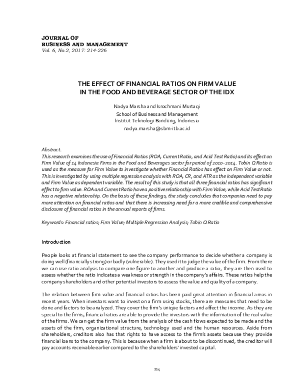 (PDF) The Effect of Financial Ratios on Firm Value in the Food and ...