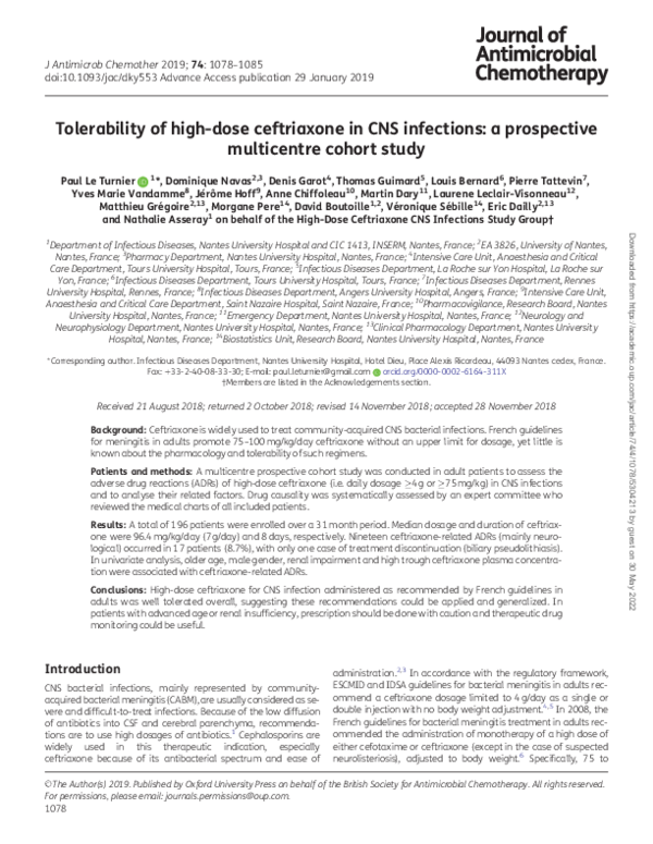 (PDF) Tolerability of high-dose ceftriaxone in CNS infections: a ...
