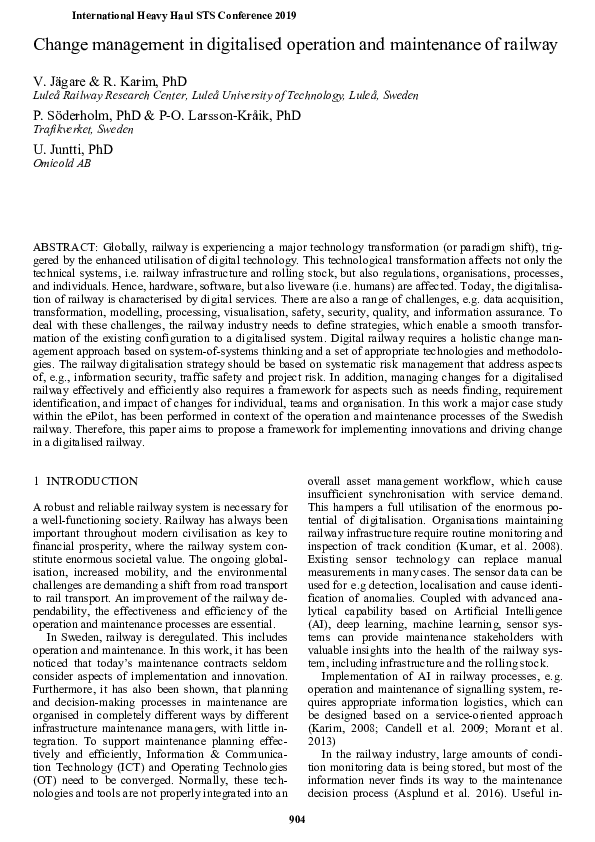 (PDF) Change management in digitalised operation and maintenance of railway