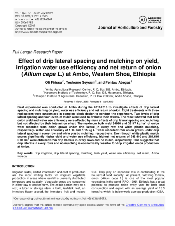 (PDF) Effect of drip lateral spacing and mulching on yield, irrigation ...
