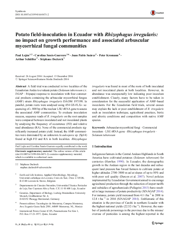 (PDF) Potato field-inoculation in Ecuador with Rhizophagus irregularis ...