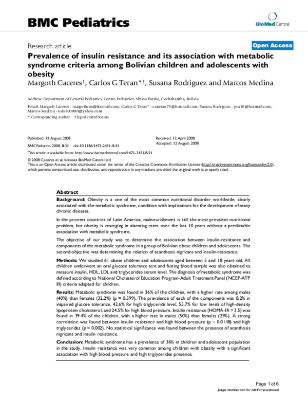 (PDF) Prevalence of insulin resistance and its association with ...
