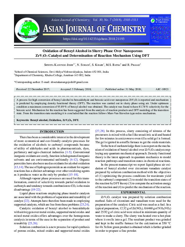 (PDF) Oxidation of Benzyl Alcohol in Slurry Phase Over Nanoporous ...