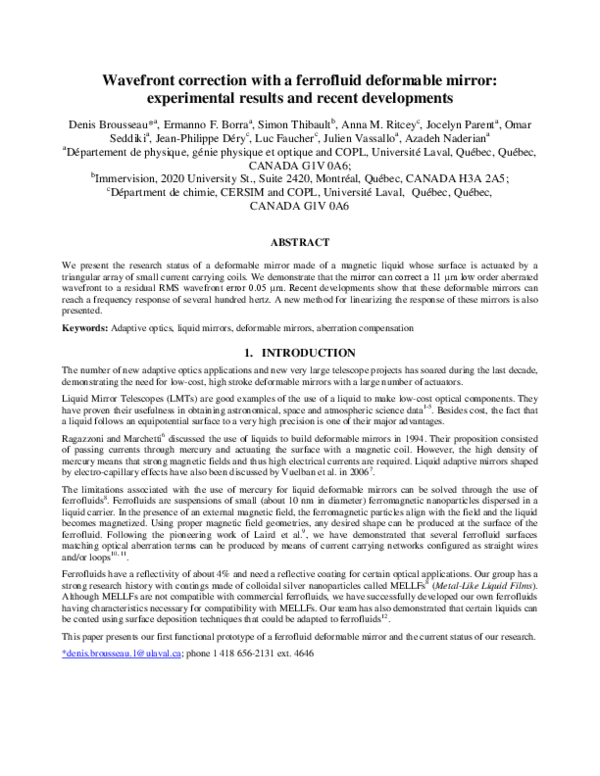 (PDF) Wavefront correction with a ferrofluid deformable mirror ...