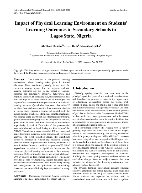 (PDF) Impact of Physical Learning Environment on Students' Learning ...