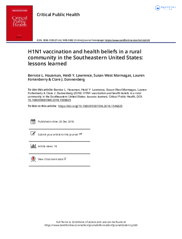 (PDF) H1N1 vaccination and health beliefs in a rural community in the ...