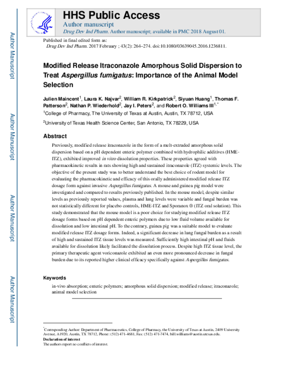 (PDF) Modified Release Itraconazole Amorphous Solid Dispersion to ...