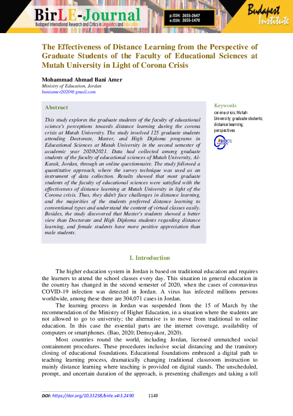 (PDF) The Effectiveness of Distance Learning from the Perspective of ...