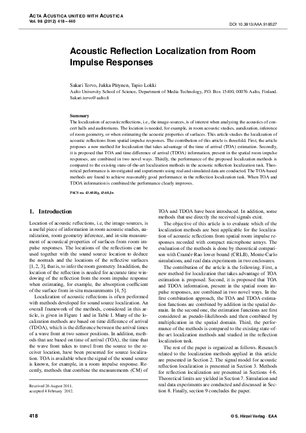 (PDF) Acoustic Reflection Localization from Room Impulse Responses
