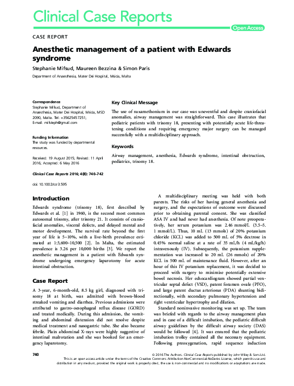 (PDF) Anesthetic management of a patient with Edwards syndrome