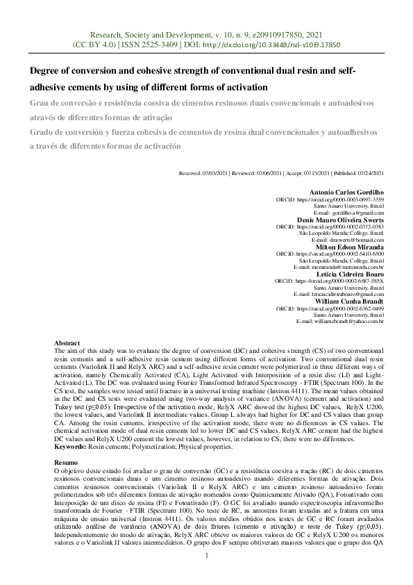 (PDF) Degree of conversion and cohesive strength of conventional dual ...