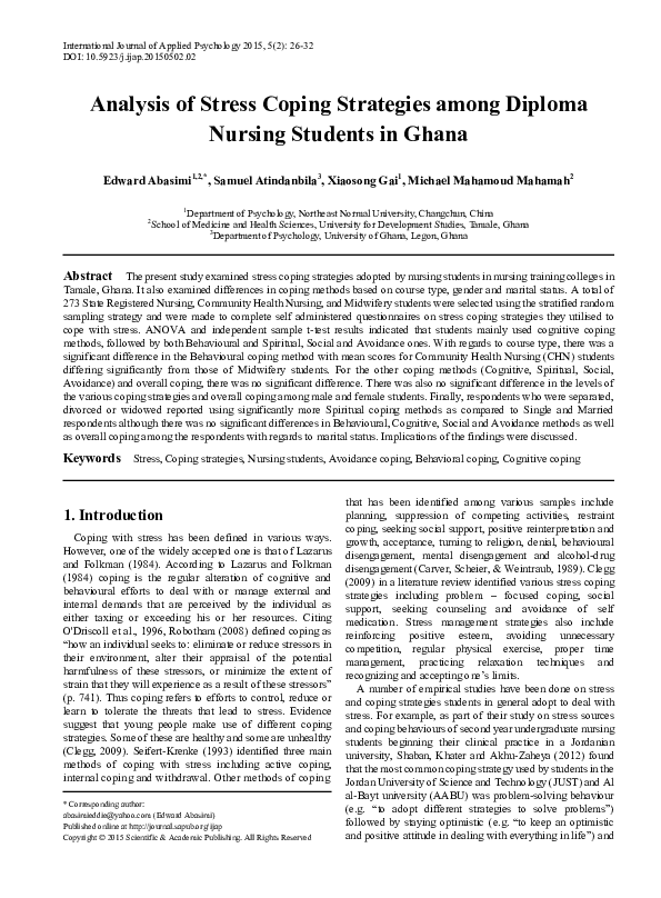 (PDF) Analysis of Stress Coping Strategies among Diploma Nursing ...
