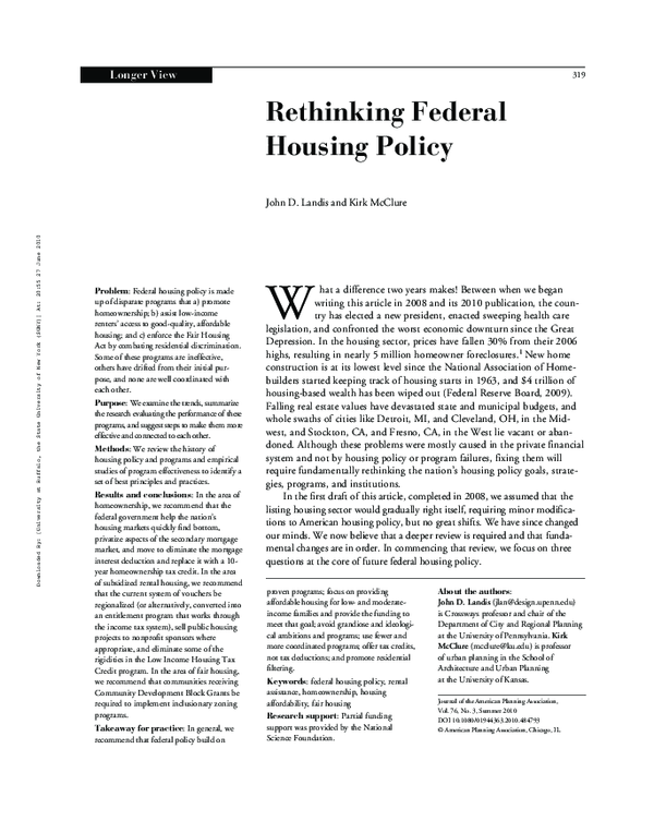(PDF) Rethinking Federal Housing Policy