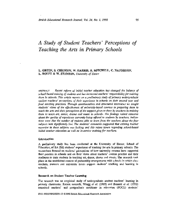 (PDF) A Study of Student Teachers’ Perceptions of Teaching the Arts in ...