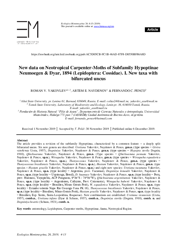 (PDF) New data on Neotropical Carpenter-Moths of Subfamily Hypoptinae ...