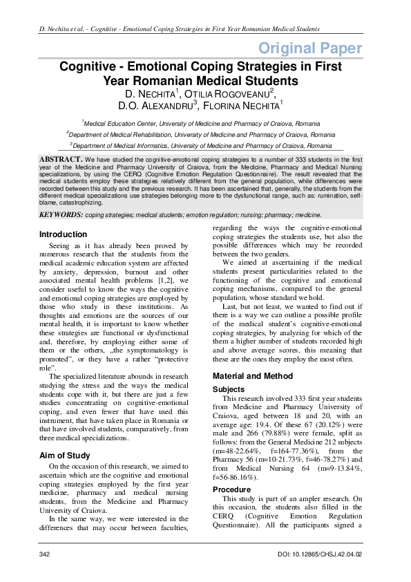 (PDF) Cognitive - Emotional Coping Strategies in First Year Romanian ...