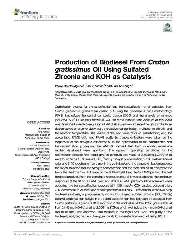 (PDF) Production of Biodiesel From Croton gratissimus Oil Using ...