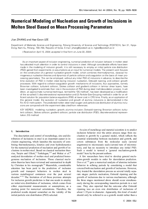 (PDF) Numerical Modeling of Nucleation and Growth of Inclusions in ...