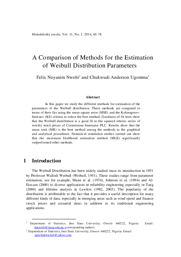 (PDF) comparison of methods for the estimation of Weibull distribution ...