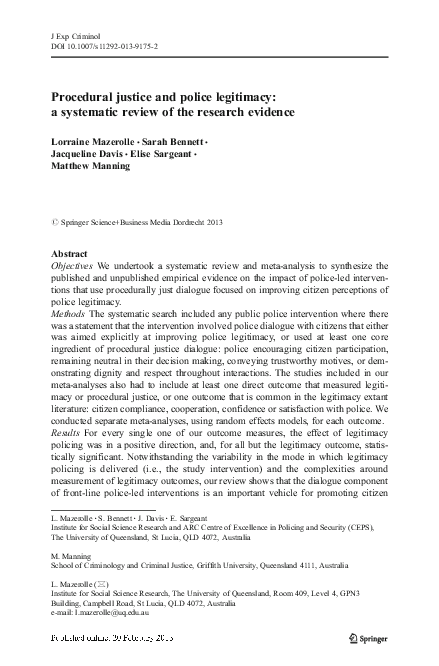 (PDF) Procedural justice and police legitimacy: a systematic review of ...