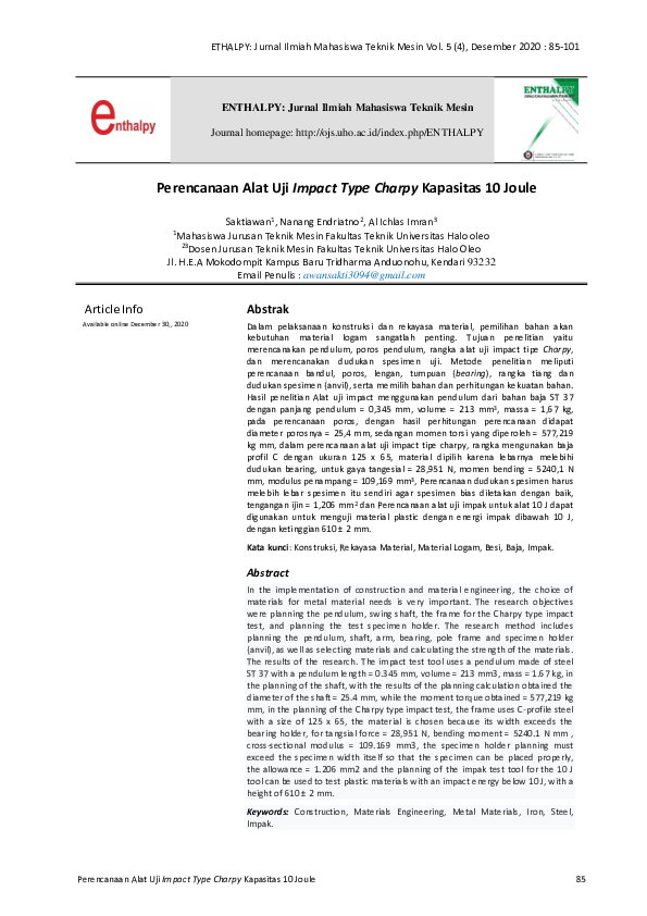 (PDF) Perencanaan Alat Uji Impact Type Charpy Kapasitas 10 Joule
