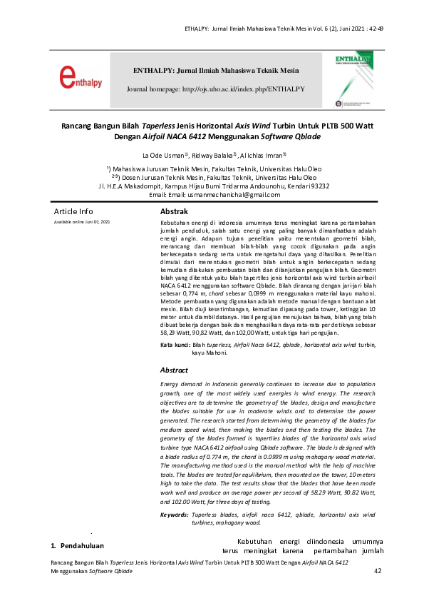 (PDF) Rancang Bangun Bilah Taperless Jenis Horizontal Axis Wind Turbin