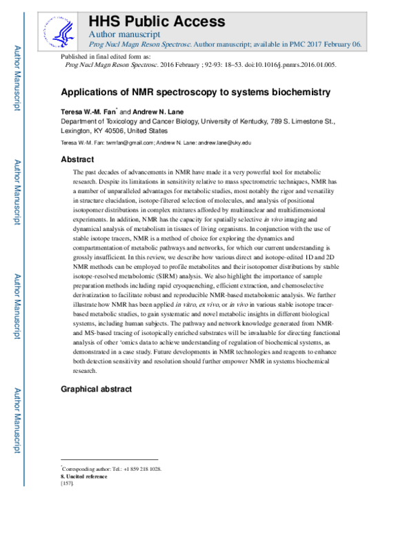 (PDF) Applications of NMR spectroscopy to systems biochemistry