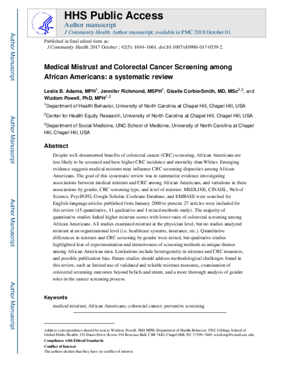 (PDF) Medical Mistrust and Colorectal Cancer Screening Among African ...