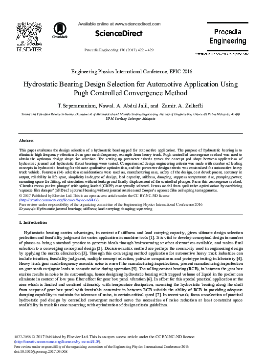 (PDF) Hydrostatic Bearing Design Selection for Automotive Application