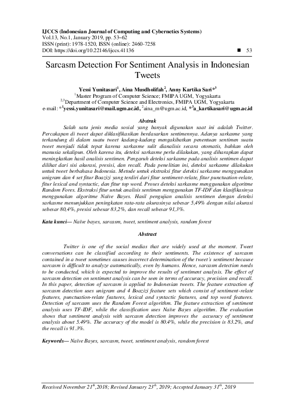 (PDF) Sarcasm Detection For Sentiment Analysis in Indonesian Tweets