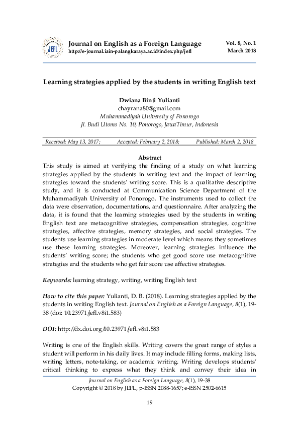 (PDF) Learning strategies applied by the students in writing English text