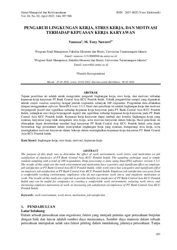 Pdf Pengaruh Lingkungan Kerja Stres Kerja Dan Motivasi Terhadap