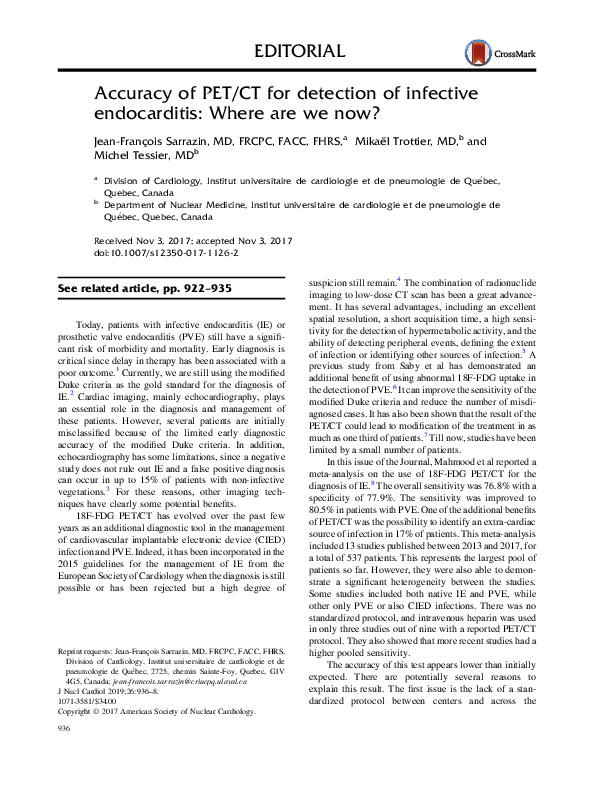 (PDF) Accuracy of PET/CT for detection of infective endocarditis: Where ...