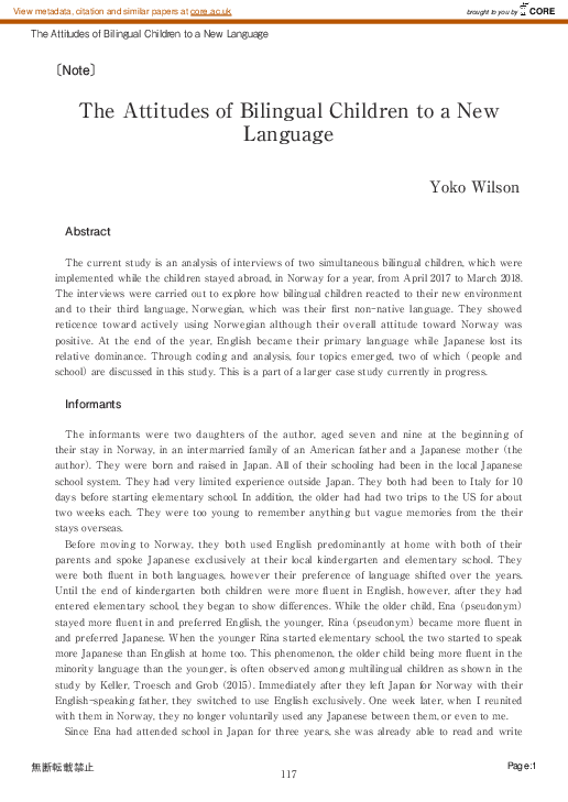 (PDF) The Attitudes of Bilingual Children to a New Language