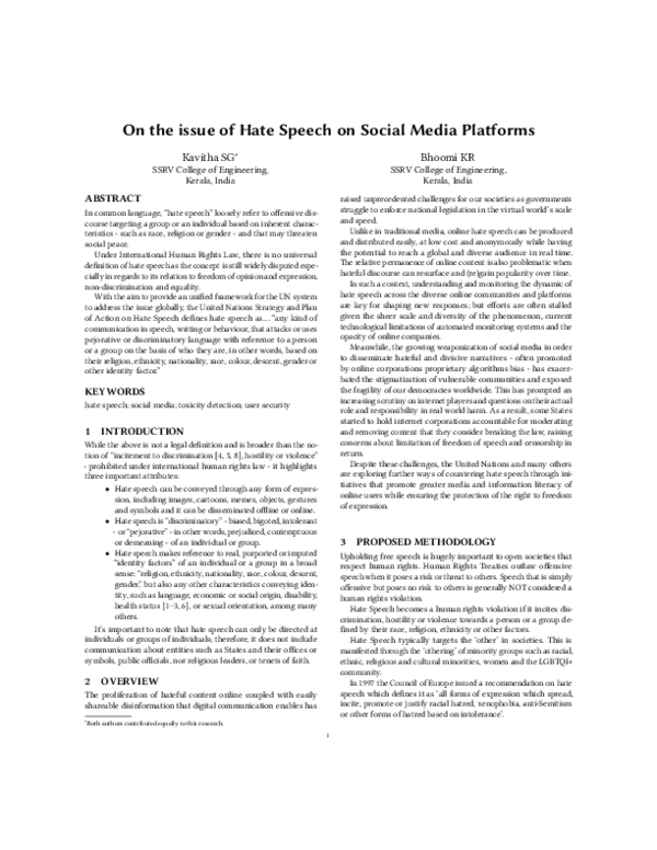 (PDF) On the issue of Hate Speech on Social Media Platforms